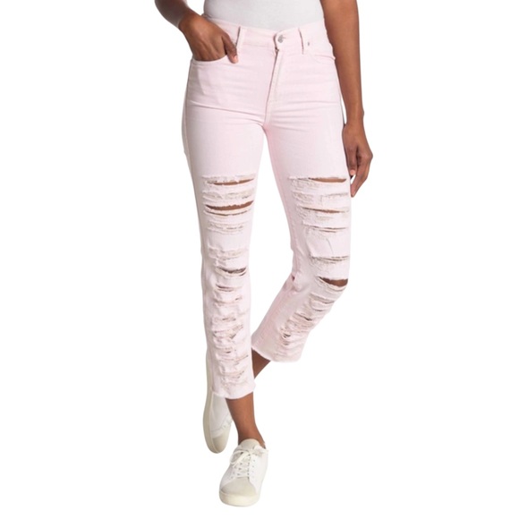 7 For All Mankind Denim - 7 FOR ALL MANKIND High Waist Crop Straight Leg Deconstructed Pink Jeans